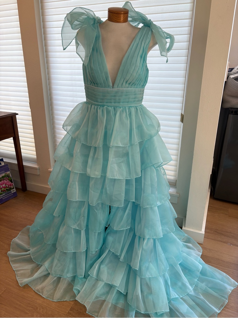 Aqua Tiered Ruffle Organza Gown with Bow Straps